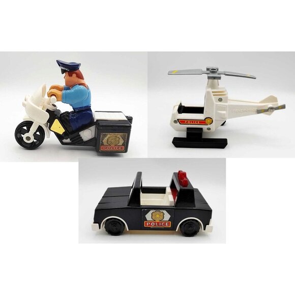 Vintage 1981, Fisher Price Husky Helicopter Police Car & Motorcycle/ 1 Cop - Picture 1 of 15
